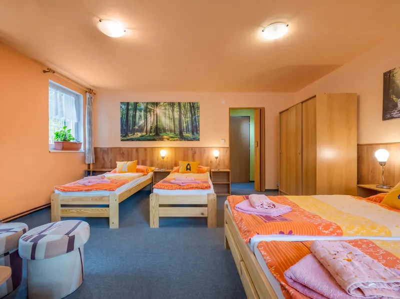 Pokoj s oddělenými lůžky, žlutými stěnami a oknem
